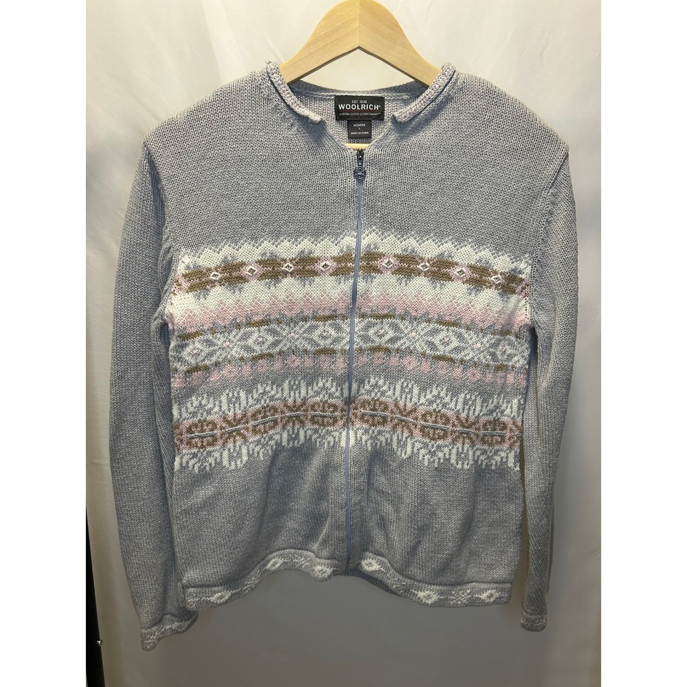 Woolrich Full Zip Cardigan Womens L Grey Dusk Excellent Fair Isle Ramie Cotton